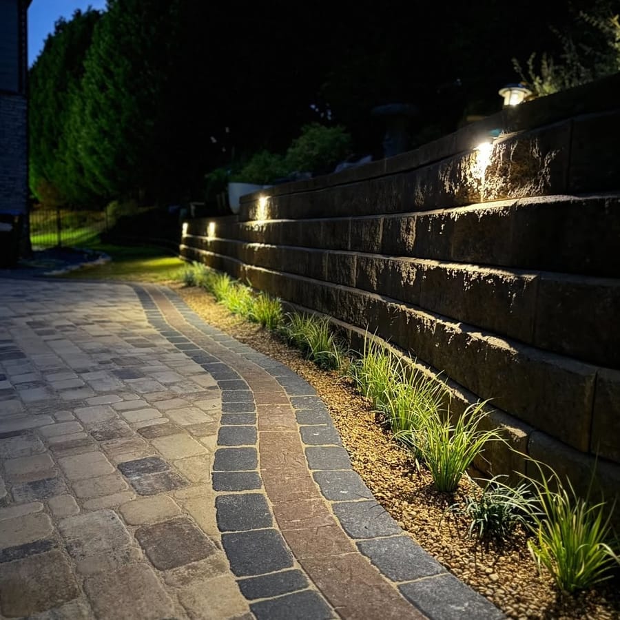 Paver path at dusk lit by fixtures set into a block retaining wall, with new plantings along the base